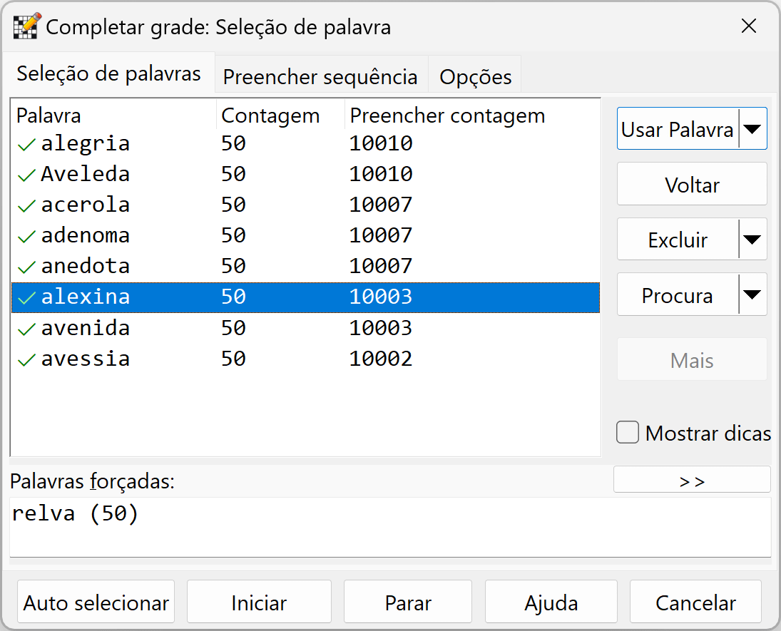 Manual word selection window with the Pro Grid Filler